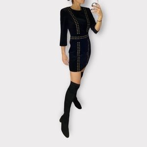 Balmain power shoulder black velvet gold grommet studded sexy mini dress M
